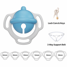 Lade das Bild in den Galerie-Viewer, Bell-shaped chastity cage set showing six ring sizes 42 to 58 mm and three-way support belt