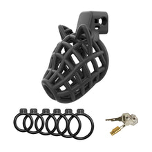 Lade das Bild in den Galerie-Viewer, Black dog head cage with six base rings, brass lock and two keys