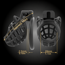 Lade das Bild in den Galerie-Viewer, Black dog head chastity cage measurement chart: 70 mm length, 28 mm width and 2.5 mm spacing