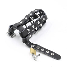 Load image into Gallery viewer, Black leather chastity cage standard style side angle