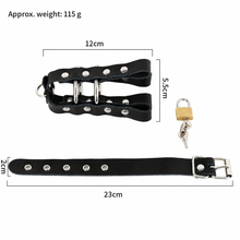 Load image into Gallery viewer, Standard black leather chastity cage size chart with 12 cm body and 23 cm strap