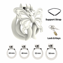 Load image into Gallery viewer, White Butterfly Wing set illustration with four base rings labeled 44, 48, 52 and 58 mm, support strap, and lock with keys