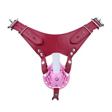 Load image into Gallery viewer, Pink vibrating Candy Heart chastity cage with red waist belt