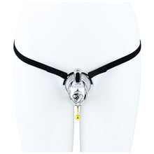 Afbeelding in Gallery-weergave laden, Cloud Bell Metal Chastity Cage L cage with black support belt on mannequin