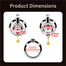 Afbeelding in Gallery-weergave laden, Cloud Bell Metal Chastity Cage S and L front dimensions and four base ring sizes
