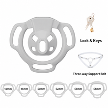 Afbeelding in Gallery-weergave laden, White Firefly set illustration with six base rings labeled 42, 46, 50, 52, 56 and 58 mm, lock with keys and three-way support belt