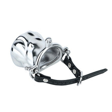 Load image into Gallery viewer, Flame Cutout Stainless Steel Chastity Cage with Restraint - Leather strap version, white background, angled view