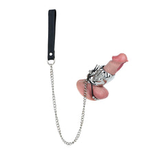Load image into Gallery viewer, Flame Cutout Stainless Steel Chastity Cage with Restraint - Beaded cord version shown on display dildo; dildo not included