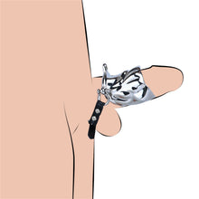 Load image into Gallery viewer, Flame Cutout Stainless Steel Chastity Cage with Restraint - Leather strap fit illustration with display dildo; dildo not included