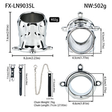 Load image into Gallery viewer, Flame Cutout Stainless Steel Chastity Cage with Restraint - Leather strap L size dimensions