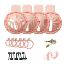 Lade das Bild in den Galerie-Viewer, Solid pink four-in-one chastity cage set with base rings and accessories