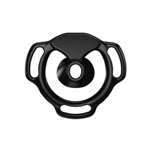 Lade das Bild in den Galerie-Viewer, Black Halo Ring flat chastity cage front view with a circular center opening and three strap slots