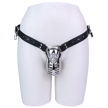Afbeelding in Gallery-weergave laden, Horror Skull Metal Chastity Cage with Lockable Belt front view on mannequin