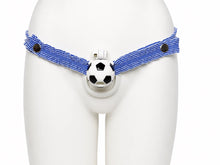 Load image into Gallery viewer, Blue Houndstooth elastic support strap shown from the front on a display mannequin; cage not included