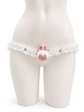 Load image into Gallery viewer, White Lace elastic support strap shown from the front on a display mannequin; cage not included