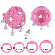 Load image into Gallery viewer, Pink Ocean Tears Flat Chastity Cage – pink cage front and rear views with 38, 42, 48 and 52 mm rings