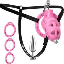 Load image into Gallery viewer, Pink Rattler Chastity Cage with Anal Plug