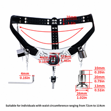 Load image into Gallery viewer, Qiling Metal Chastity Pants with Chains size chart with 72–114 cm waist range and component measurements