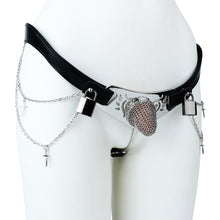 Load image into Gallery viewer, Silver Scale Armor Chain Chastity Pants angled view of the longer cage
