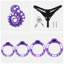 Load image into Gallery viewer, Purple belt set with four rings, black belt, lock, keys and six fasteners