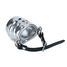 Afbeelding in Gallery-weergave laden, Ventilated Weighted Stainless Steel Chastity Cage with Chain – leather strap cage front angled view