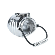 Afbeelding in Gallery-weergave laden, Ventilated Weighted Stainless Steel Chastity Cage with Chain – beaded rope cage front angled view