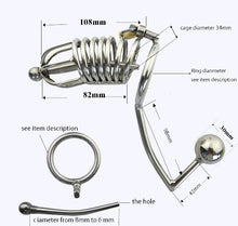 Load image into Gallery viewer, Metal Chastity Cage with Butt Plug Attachment and Urethral Catheter
