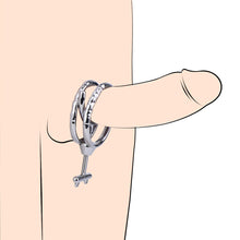 Load image into Gallery viewer, Adjustable Dual Ring Metal Cock Ring with Weighted Chains – illustrated fit on display dildo; dildo not included
