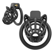 Lade das Bild in den Galerie-Viewer, Black Dog Head Plastic Chastity Cage front and side views on white
