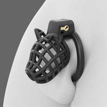 Lade das Bild in den Galerie-Viewer, Black Dog Head Plastic Chastity Cage shown on a neutral display model
