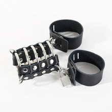 Load image into Gallery viewer, Black leather chastity cage with two matching leather rings
