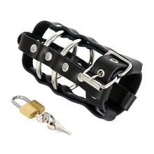 Load image into Gallery viewer, Standard black leather chastity cage, angled view with lock and keys
