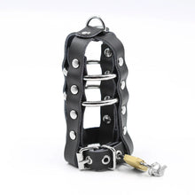 Load image into Gallery viewer, Black leather chastity cage with metal rings, standard front view
