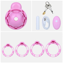 Load image into Gallery viewer, Pink vibrating Candy Heart cage, remote control, charger, lock and rings
