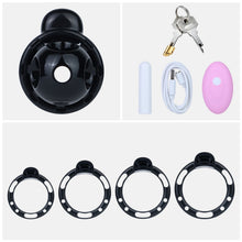 Load image into Gallery viewer, Black vibrating Candy Heart cage, remote control, charger, lock and rings
