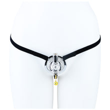 Afbeelding in Gallery-weergave laden, Cloud Bell Metal Chastity Cage S cage with black support belt on mannequin

