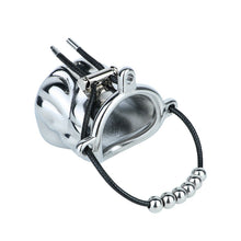 Load image into Gallery viewer, Flame Cutout Stainless Steel Chastity Cage with Restraint - Beaded cord version, white background, angled view
