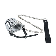 Load image into Gallery viewer, Flame Cutout Stainless Steel Chastity Cage with Restraint - Leather strap version with chain and hand strap
