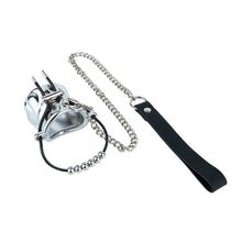 Load image into Gallery viewer, Flame Cutout Stainless Steel Chastity Cage with Restraint - Beaded cord version with chain and hand strap
