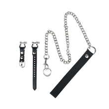Load image into Gallery viewer, Flame Cutout Stainless Steel Chastity Cage with Restraint - Leather strap and chain components
