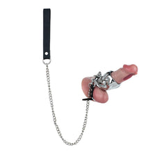 Load image into Gallery viewer, Flame Cutout Stainless Steel Chastity Cage with Restraint - Leather strap version shown on display dildo; dildo not included
