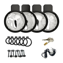 Lade das Bild in den Galerie-Viewer, Black and clear four-in-one chastity cage set with base rings and accessories
