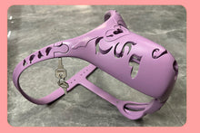 Load image into Gallery viewer, Purple heart-cutout chastity belt side photograph with lock and keys
