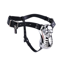 Afbeelding in Gallery-weergave laden, Horror Skull Metal Chastity Cage with Lockable Belt angled view
