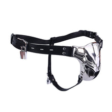Afbeelding in Gallery-weergave laden, Mech Armor Metal Chastity Cage with Lockable Belt angled view
