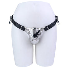 Afbeelding in Gallery-weergave laden, Mech Armor Metal Chastity Cage with Lockable Belt front view on mannequin
