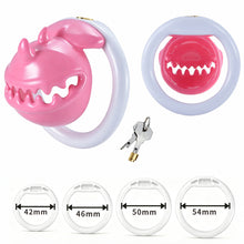Load image into Gallery viewer, Pink and white Monster Mouth cage with four base ring sizes
