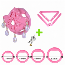 Load image into Gallery viewer, Pink Ocean Tears Flat Chastity Cage – pink cage with three-way pink belt and four ring measurements
