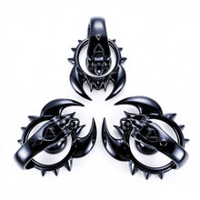 Load image into Gallery viewer, Black scorpion chastity cage front and side angles on white background
