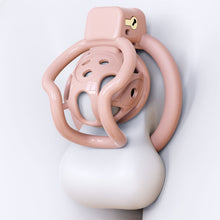 Lade das Bild in den Galerie-Viewer, Pink spider-frame plastic chastity cage front view on display form
